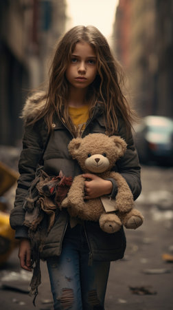 Portrait of a beautiful little girl with teddy bear in the cityの素材