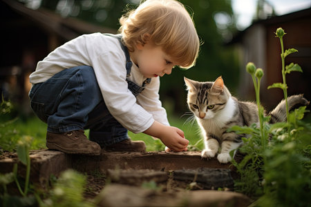 Cute little boy playing with cat in the garden. Adorable child having fun with pets outdoors.の素材