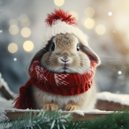 Cute little rabbit in winter hat and scarf on Christmas background.の素材