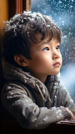 Portrait of a cute little boy looking out the window in winterの素材