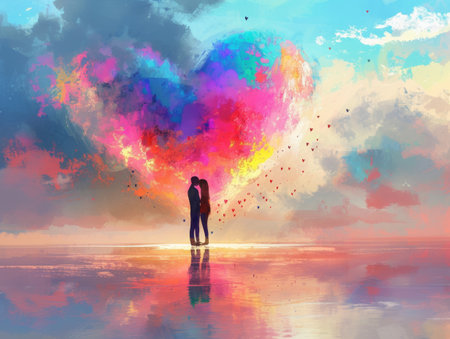 Couple in love kissing on a background of multicolored cloudsの素材