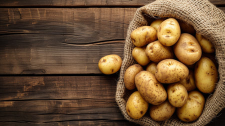 Fresh potatoes in burlap bag on wooden background. Top view.の素材