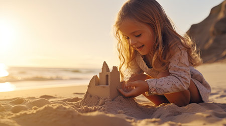 Adorable little girl playing with sand and building tower on beach at sunsetの素材