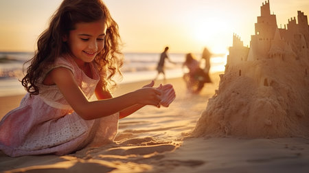 Little girl playing with sand on the beach at sunset. Cute child having fun outdoors.の素材