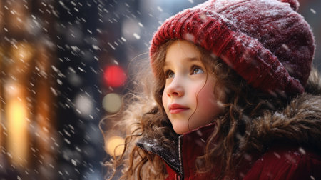 Outdoor portrait of cute little girl in winter clothes, snowfallの素材