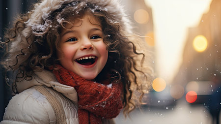 Cute little girl with curly hair on the background of a winter city.の素材