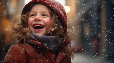 Cute little girl in red coat and hat on a snowy winter dayの素材