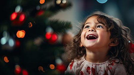 Little girl with Christmas tree and lights on background. Christmas and New Year conceptの素材