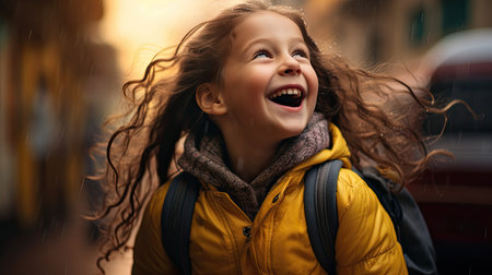 Portrait of a laughing little girl with curly hair in the rainの素材