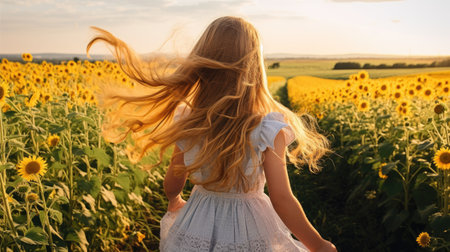 Little girl with long hair in a field of sunflowers.の素材