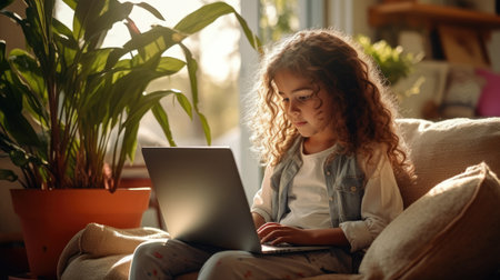 Cute little girl using laptop while sitting on couch at home.の素材
