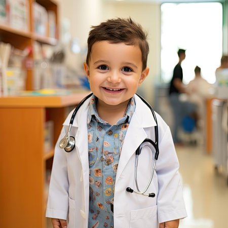 Smiling boy in a medical gown with a stethoscope.の素材