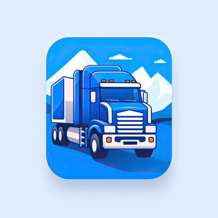 Cargo truck icon. Vector illustration. Blue square icon with shadowの素材