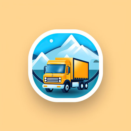 Truck with snow mountain vector icon. Transportation logotype design templateの素材