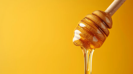 Honey dripping from a wooden honey dipper on a yellow backgroundの素材