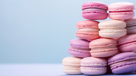 Colorful macaroons on blue background, close up, copy spaceの素材