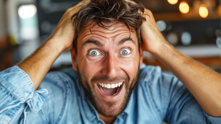 Close up portrait of a shocked man looking at camera and holding his headの素材