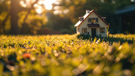 Miniature model house on green grass in sunset light. Real estate conceptの素材