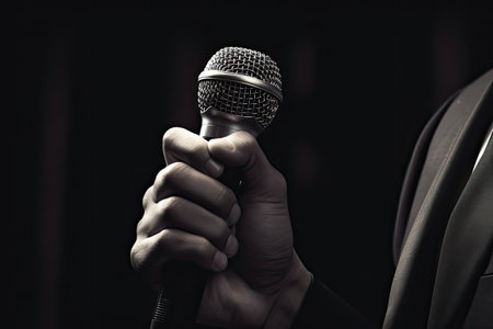 Close-up of microphone in hand of businessman on dark background.の素材