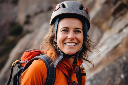Close-up portrait of a smiling female climber in an orange jacket and a helmet.の素材