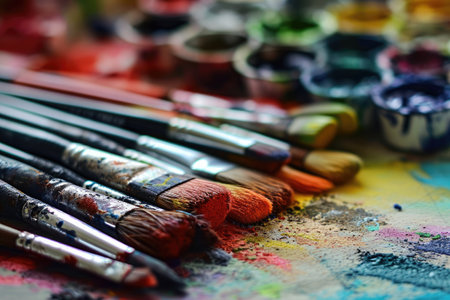 Paint brushes and paints on a palette close-up macro photographyの素材