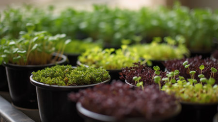 Organic microgreens growing in plastic pots. Selective focus.の素材