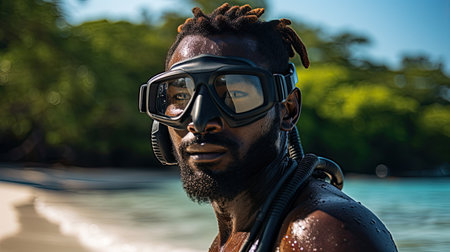 Portrait of a young African American man wearing diving mask and snorkeling gearの素材