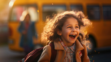 Portrait of a happy schoolgirl on the background of a school busの素材