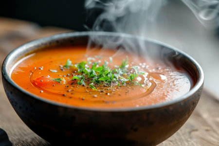 Tomato soup with herbs in a clay bowl on a wooden tableの素材