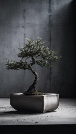 bonsai tree in ceramic pot on concrete background, black and white toneの素材