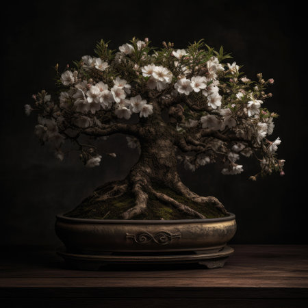 Bonsai tree in vase on wooden table over dark backgroundの素材