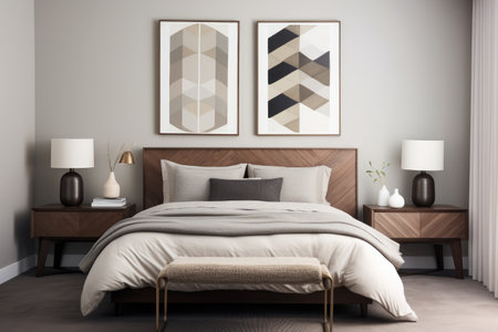 Modern bedroom interior with wooden bed and pillows. 3d renderingの素材