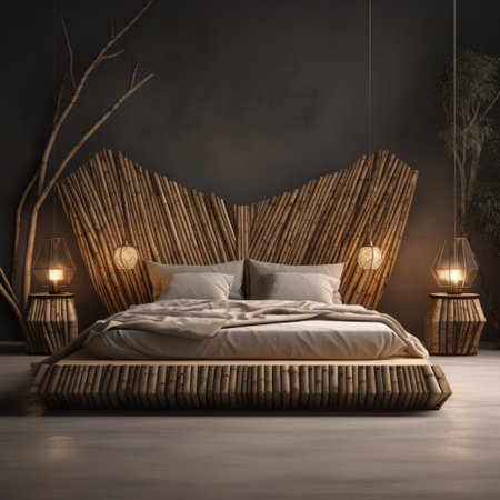 Bedroom interior with wooden bed and wooden wall. 3d renderingの素材