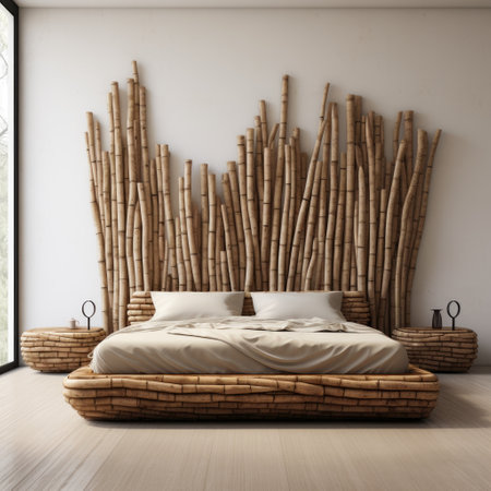 Interior of a modern bedroom with bamboo wall, 3d renderの素材