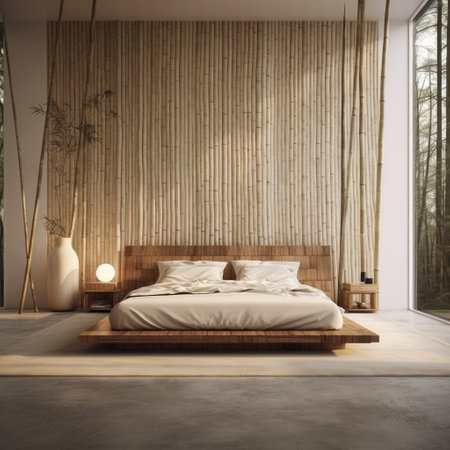 Interior of modern bedroom with wooden walls, concrete floor, comfortable king size bed and wooden wardrobe. 3d renderingの素材