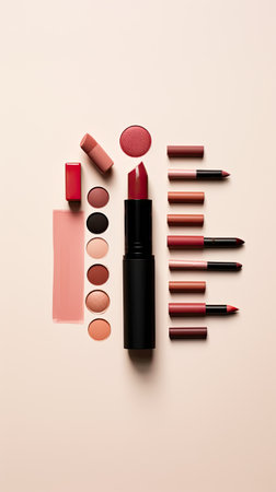 Cosmetic branding, fashion blog cover and girly glamor concept - Lipstick, eyeshadow palette and lipstick on beige backgroundの素材