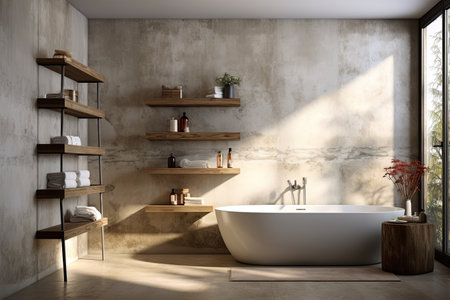 Interior of modern bathroom with concrete walls, concrete floor, comfortable white bathtub standing on wooden shelves and shelves with towels. 3d renderingの素材