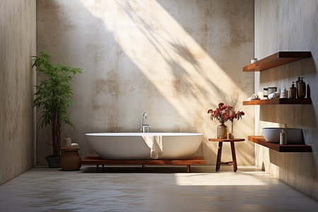 Bathroom interior with white walls, concrete floor, comfortable white bathtub standing on wooden shelf. 3d renderingの素材
