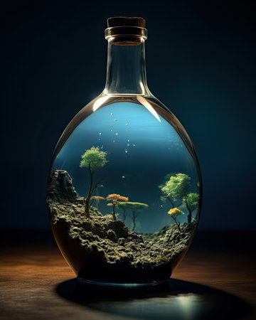 Small island in a glass bottle with water. 3d rendering.の素材
