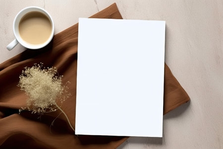 Mockup of a white sheet of paper and a cup of coffee on a brown backgroundの素材