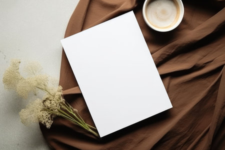 Blank paper and coffee cup on brown fabric background. Mock upの素材