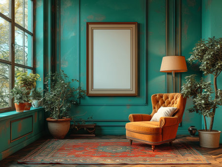Interior of a living room with a vintage armchair, a window and a bookcase. 3d renderingの素材