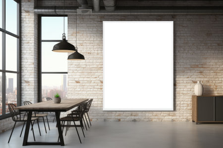 Modern cafe interior with brick walls, concrete floor, panoramic window and mock up poster. 3d renderingの素材