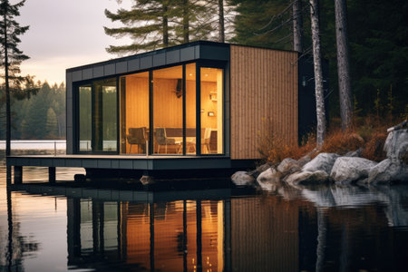 Modern house on a lake in the middle of a pine forest.の素材