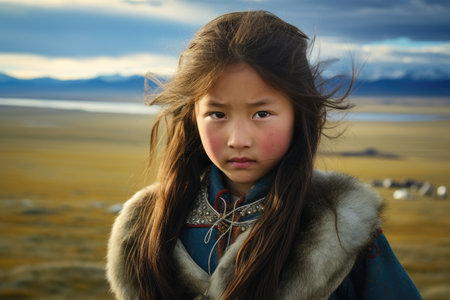 Little girl with long hair in the Mongolian steppe at sunsetの素材
