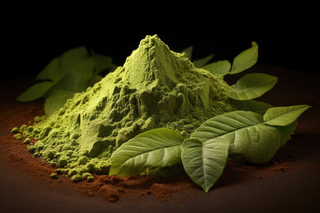 Powdered matcha green tea with leaves on black backgroundの素材
