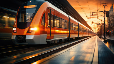 Modern high-speed train on the railway station at sunset. Shallow depth of fieldの素材