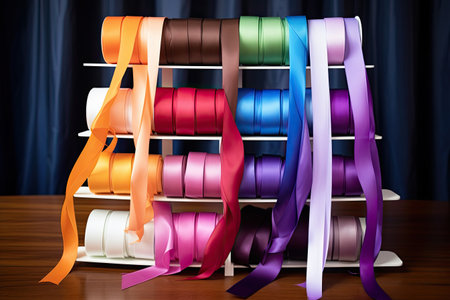 Colorful ribbons on a wooden table in front of a curtainの素材