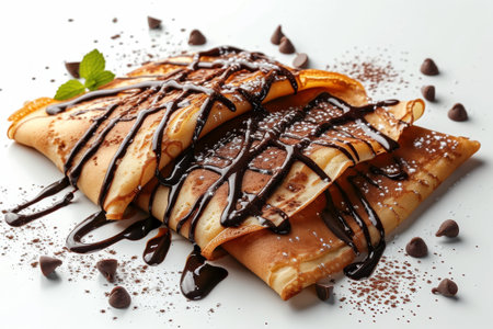Delicious pancakes with chocolate syrup on white background, closeup viewの素材