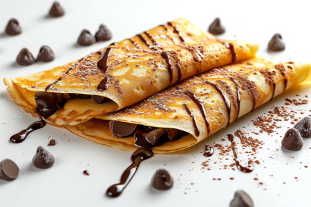 Pancakes with chocolate, close-up, on white backgroundの素材